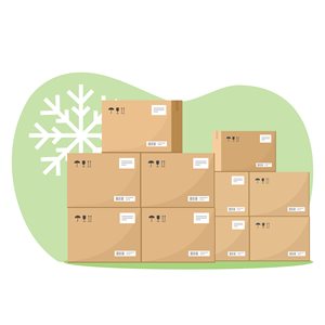 A stack of brown cardboard boxes with shipping labels and tape.